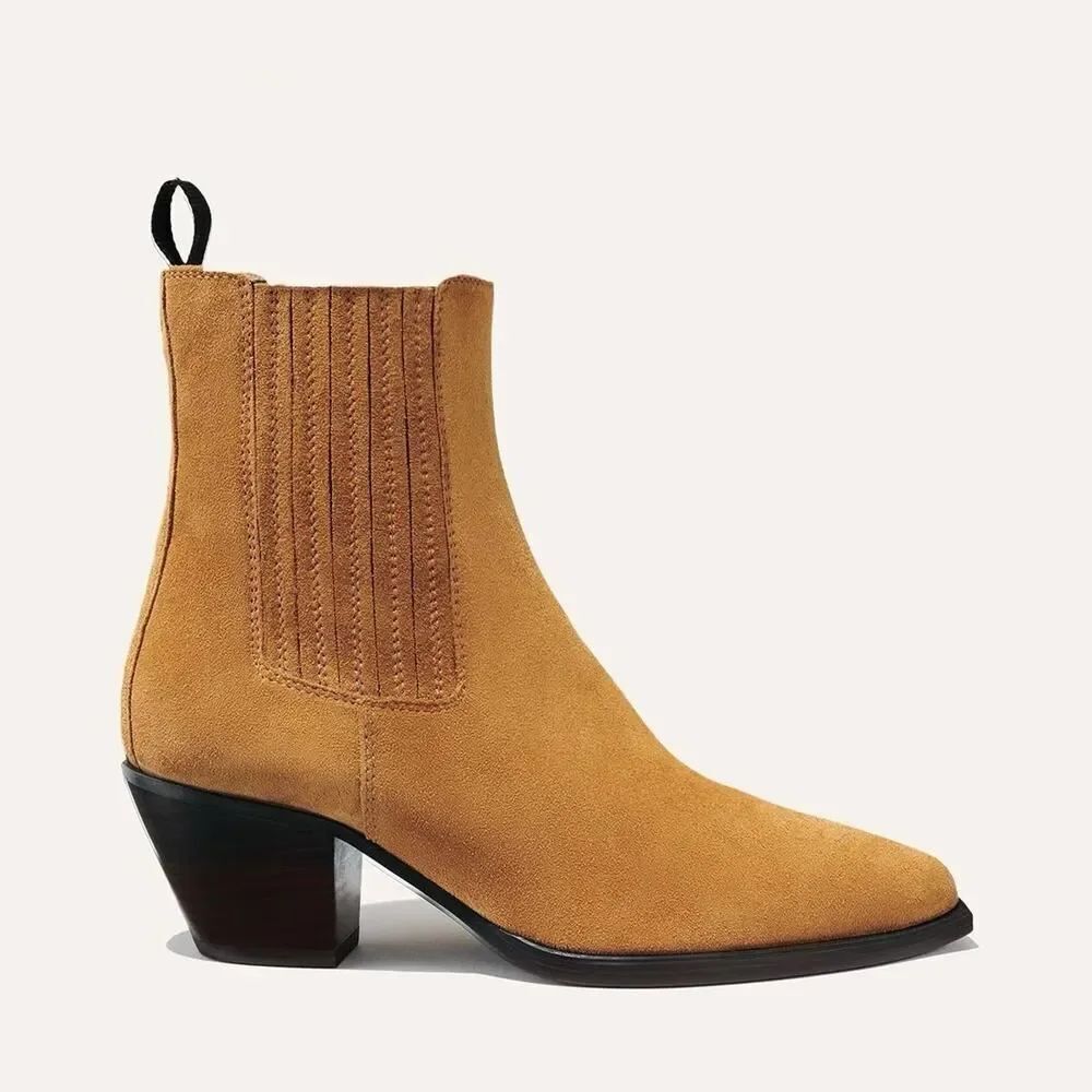Margaux Agnes Suede Western Ankle Boots Brown Square Toe Booties 39.5